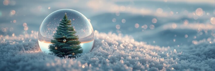 A miniature Christmas tree sits within a snow globe, dusted with frost. Concept of festive cheer, winter magic, and cozy holiday traditions.