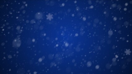 Snowfall Christmas background. Subtle flying snow flakes and stars on dark blue night background. Beauteous winter silver snowflake overlay template. Simple background for christmas.