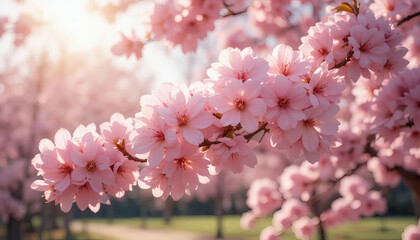 Cherry blossoms blooming with soft sunlight, representing renewal and beauty of new cycles