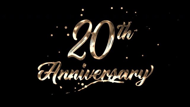 20th anniversary text animation in golden metallic effect. suitable for celebrating special occasions, invitations, anniversary cards and social media. Includes alpha channel for any background.