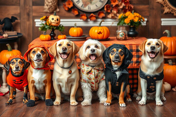 Six dogs wearing colorful costumes stand happily in front of a table filled with pumpkins and autumn decorations. The scene captures a lively, festive atmosphere with warm fall colors