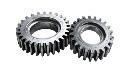 Two shiny metallic gears isolated on white background depicting mechanical engineering concepts