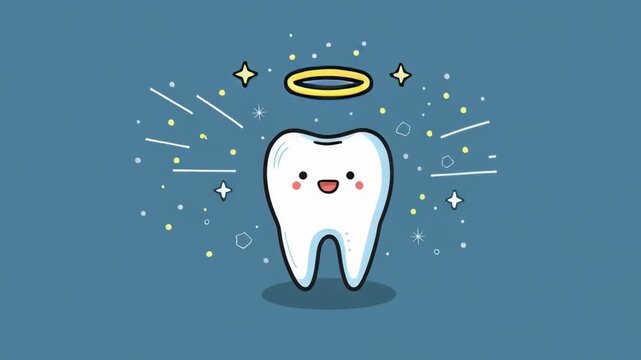 Cute Happy Healthy Tooth Cartoon with Angel Halo and Sparkles - Dental Care Illustration
