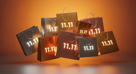 A group of shopping bags with the number eleven point eleven floating in front of an orange background