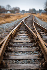 Obraz premium Curved railroad tracks splitting into fog moody atmosphere on transparent background