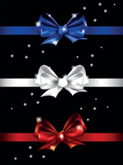Colorful red ribbons and bows on black background, vector illustration