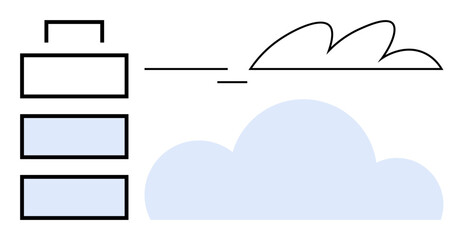 Battery outline with charging symbol connected to a cloud icon. Ideal for technology, data storage, cloud computing, efficiency, sustainability, innovation, digital systems. Simple flat metaphor