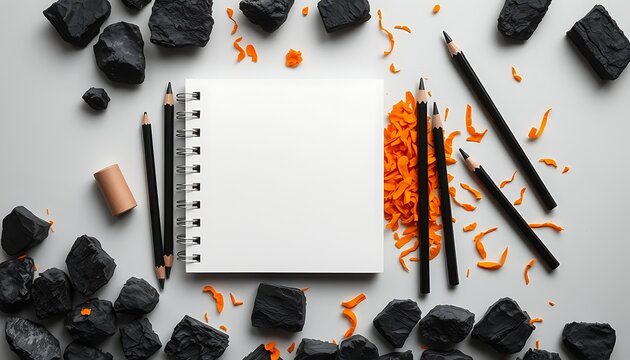 Art supplies including charcoal, pencils, eraser and blank sketchbook on white background artist drawing