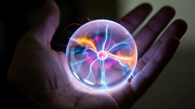 Power in Your Hands with Vibrant Plasma Ball Displaying Electrostatic Energy, Perfect for Science, Technology, and Innovation Concepts