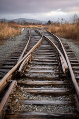 Fototapeta premium Curved railroad tracks splitting into fog moody atmosphere on transparent background