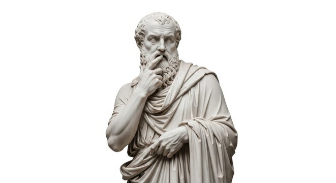 Ancient Greek philosopher statue with thoughtful gesture.