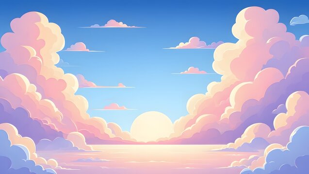 Dreamy pastel sky with fluffy clouds and soft sunlight