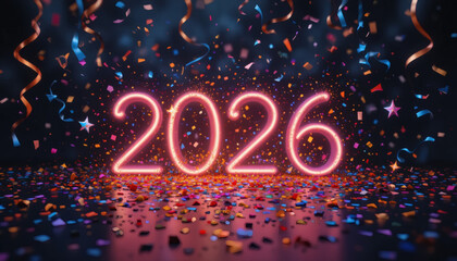 Minimalist New Year background with neon glowing numbers ‘2026’ surrounded by confetti, streamers, and sparkles on a dark backdrop
