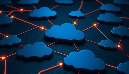 Interconnected blue cloud symbols with orange glowing lines on a dark textured surface computing network