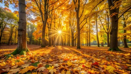 Obraz premium Sunbeams streaming through a dense forest canopy in autumn, illuminating a path covered in fallen golden and orange leaves, creating a breathtaking and serene natural landscape during the fall season