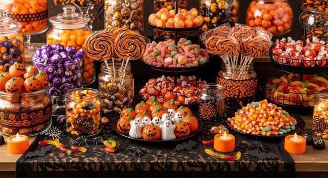 Elaborate Halloween Candy Buffet with Spooky Treats. - Powered by Adobe
