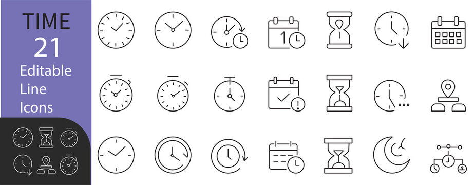 Time and Scheduling line icon set. Contains symbols for clock, calendar, deadline, hourglass, and workflow management. Editable vector design for web, app, and corporate presentations.