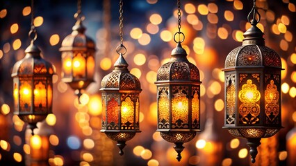 Obraz premium Intricate islamic lanterns illuminated with warm glowing light hang in front of a bokeh background of festive golden lights creating a magical and celebratory atmosphere
