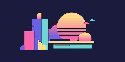 Minimalist vector illustration of a retro futuristic city skyline with neon colors and sunset background. Perfect for synthwave design, vaporwave posters, album covers, digital art, and sci-fi