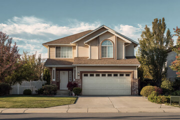 charming two-story suburban house with manicured lawn, warm beige siding, and a welcoming front porch, set under a clear blue sky in a peaceful neighborhood