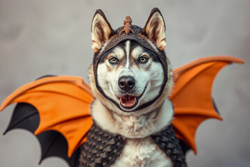 A playful dog wearing a dragon costume with orange bat wings looks cheerful. The setting is simple and neutral, highlighting the dog's joyful expression and unique outfit