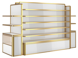Retail white gondola shelving with gold edges. 3d illustration transparent background