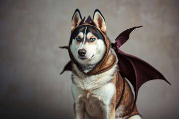 A husky dressed in a bat wing costume sits calmly indoors, showcasing its striking blue eyes and playful demeanor. This charming scene highlights the pet's unique look