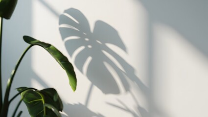 Monstera plant leaves cast a dramatic shadow on a white wall
