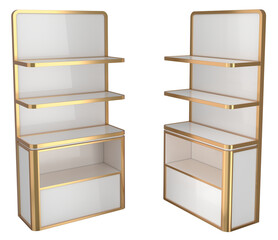 Retail white display stands with gold edges. 3d illustration transparent background