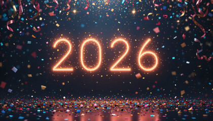Minimalist New Year background with neon glowing numbers ‘2026’ surrounded by confetti, streamers, and sparkles on a dark backdrop