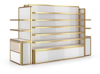 Retail white gondola shelving with gold edges. 3d illustration on white background