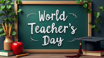 World teachers day celebration with chalkboard, apple, and graduation cap