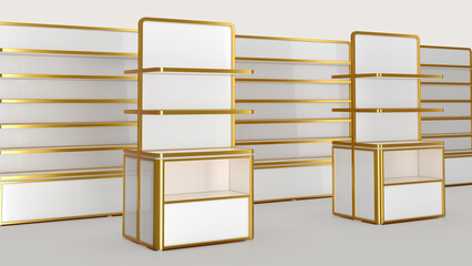 Store interior with white display stands with gold edges and shelves along the wall. 3d illustration on white background