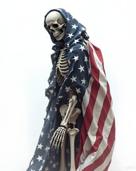 Skeleton in american flag cape isolated on white background