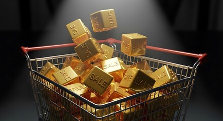 A shopping cart filled with gold cubes labeled sale under a spotlight on a dark background concept image