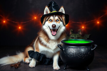 A cheerful dog dressed as a witch sits next to a black cauldron filled with a green potion. Colorful lights decorate the background, creating a festive Halloween atmosphere