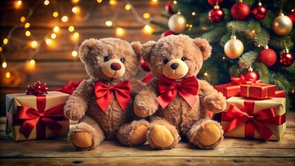 Two adorable teddy bears with red bow ties sit in front of a decorated christmas tree with warm bokeh lights, surrounded by gift boxes, creating a cozy and festive holiday atmosphere