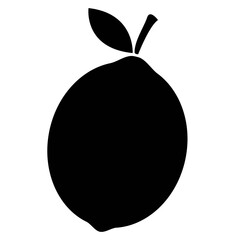 Whole Lemon Silhouette Icon with Stem and Leaf, Black Citrus Fruit Vector Graphic