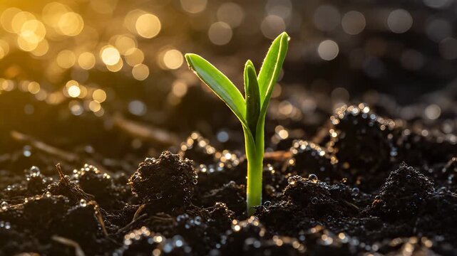 sprout emerges from damp soil near warm sunlight. seedling and plant display single leaf with water droplets. germination and growth create vibrant green presence. dew and microbe enrich soil.