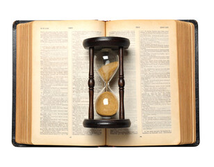  Vintage Hourglass Resting on Open Scripture Pages, top-down perspective, isolated on transparent background