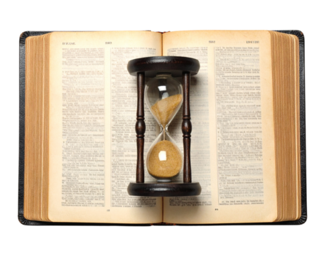  Vintage Hourglass Resting on Open Scripture Pages, top-down perspective, isolated on transparent background