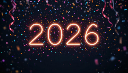 Minimalist New Year background with neon glowing numbers ‘2026’ surrounded by confetti, streamers, and sparkles on a dark backdrop