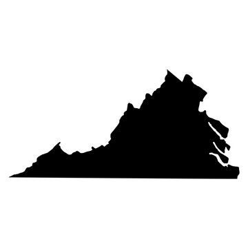 Black Silhouette Map of Virginia State, USA, Featuring Appalachian Mountains and Coastal Plain
