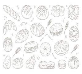 Detailed line art illustration of various breads and pastries, including baguette, croissant, donut, and sandwich, isolated on white background perfect for bakery or foodrelated designs