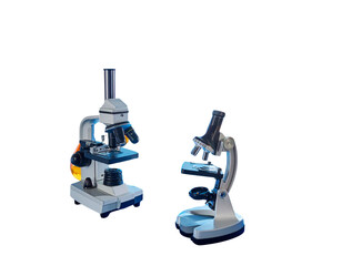 Scientific Experiment Setup with Glassware and Microscope, side view on blue backdrop