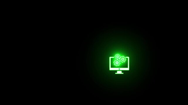 Animation of glowing neon Computer and 3 setting icon isolated , monitor with gears icon animation, setting icon .Neon green computer monitor with gear and clipboard icon on black background