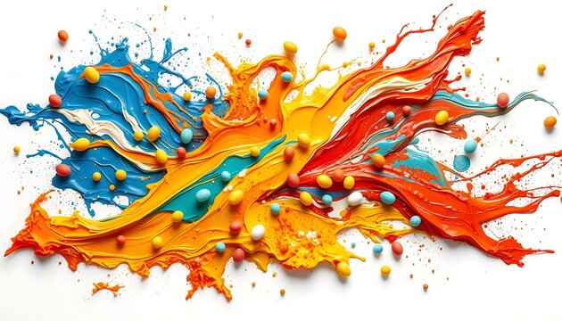 Vibrant paint splashes with colorful spheres on white background abstract blue