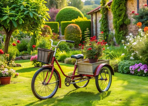 Charming vintage tricycle with a basket full of flowers parked in a lush sunlit garden - Powered by Adobe