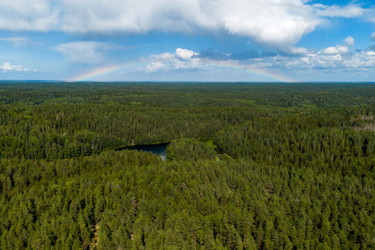 Aerial view of a vibrant rainbow arcing over an expansive green forest, punctuated by a dark lake nestled within, Espoo, Uusimaa, Finland.