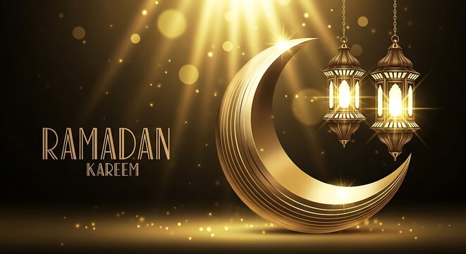 Golden crescent moon and ornate lanterns illuminate a dark background with sparkling lights, symbolizing ramadan kareem and islamic celebration - Powered by Adobe